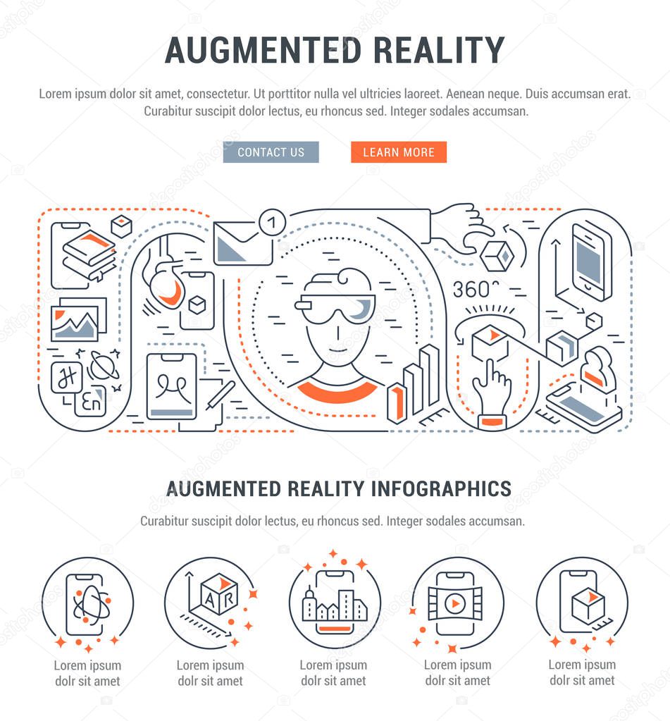 Linear banner of the augmented reality. Vector illustration with flat and isometric elements.
