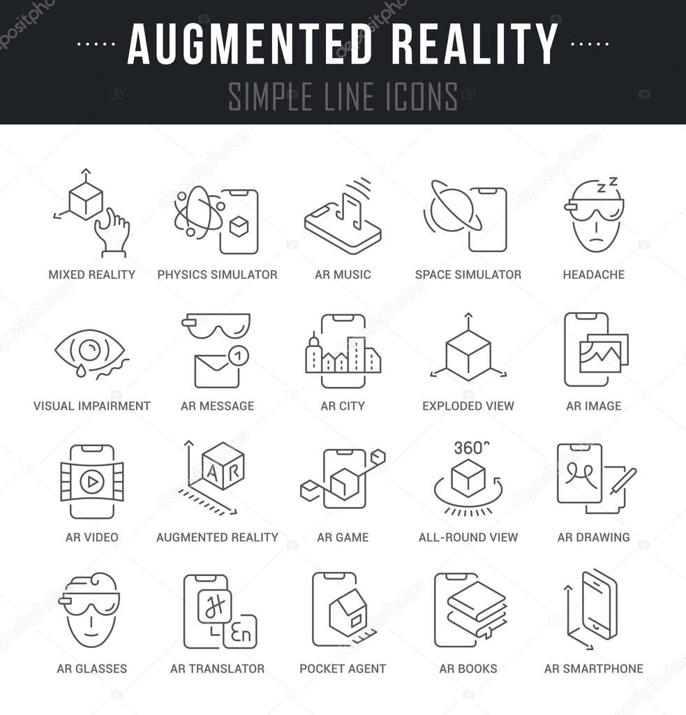 Set of linear icons of augmented reality with names.