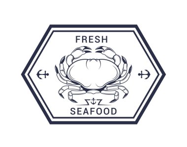 Taze deniz ürünleri etiket ve işaret vektör çizimi. Deniz ürünleri restoran rozet ve vintage tarzı simge.