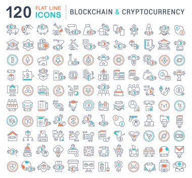 Blockchain ve cryptocurrency modern kavramları, web ve apps için vektör hat simgeler kümesi.