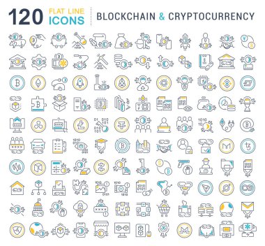 Blockchain ve cryptocurrency modern kavramları, web ve apps için vektör hat simgeler kümesi.