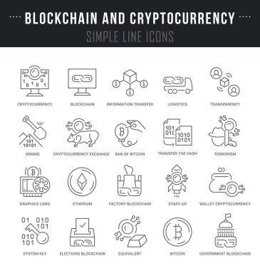 Blockchain ve cryptocurrency adları ile doğrusal simgeler kümesi.