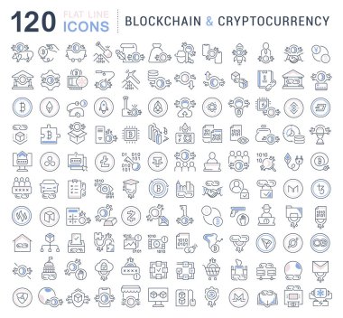 Blockchain ve cryptocurrency modern kavramları, web ve apps için vektör hat simgeler kümesi.