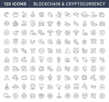 Blockchain ve cryptocurrency modern kavramları, web ve apps için vektör hat simgeler kümesi.