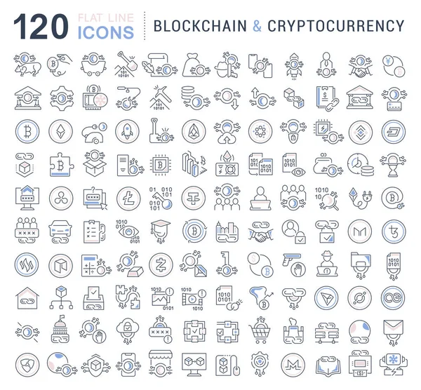 Blockchain ve cryptocurrency modern kavramları, web ve apps için vektör hat simgeler kümesi.
