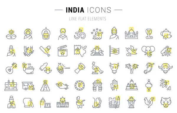 Uppsättning Vektor Linje Ikoner Och Skyltar Med Gula Rutor Indien — Stock vektor