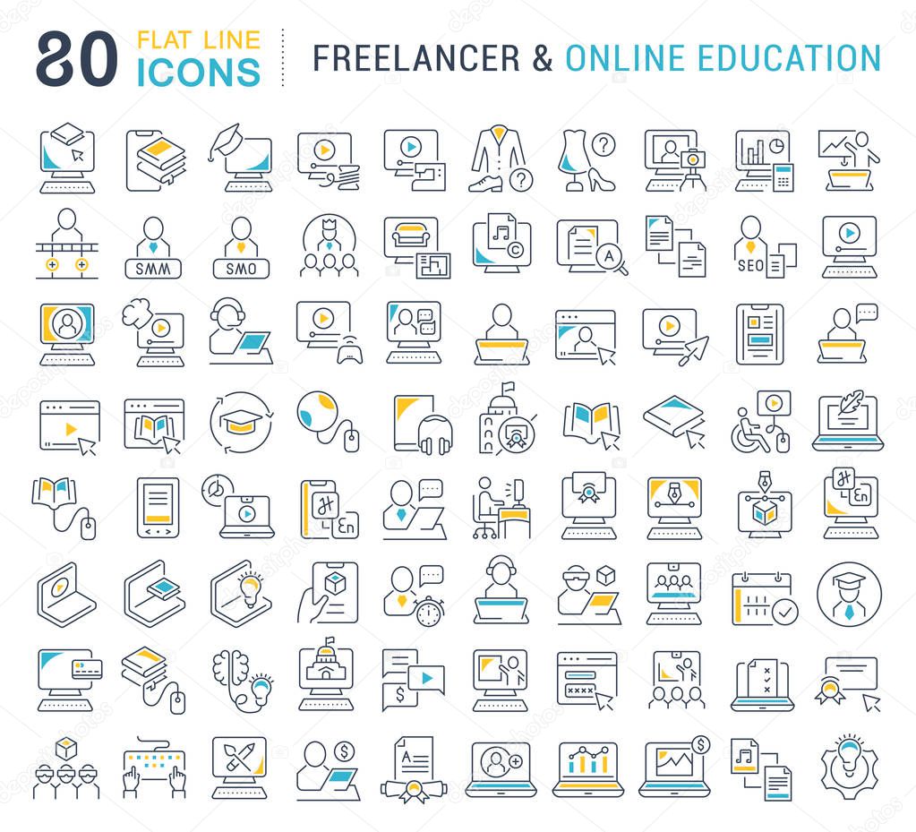 Set of vector line icons of freelancer and online education for modern concepts, web and apps.