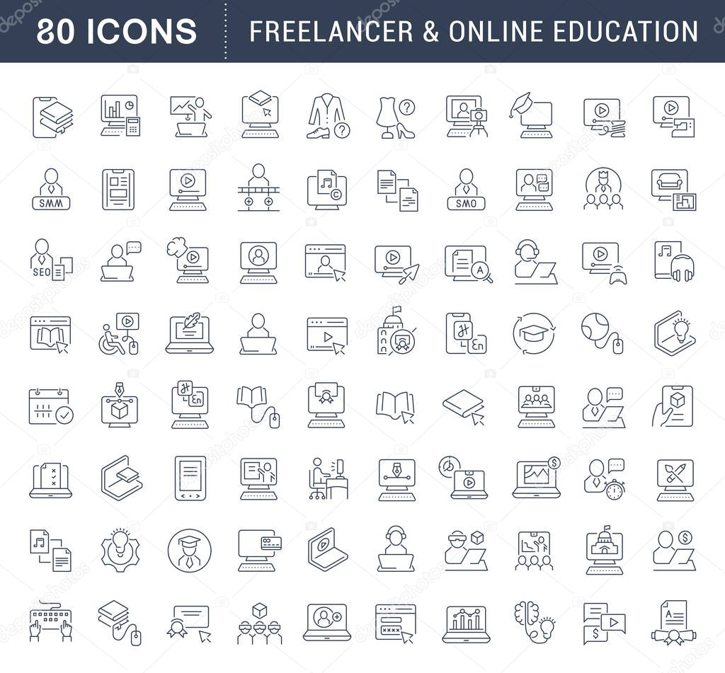 Set of vector line icons of freelancer and online education for modern concepts, web and apps.