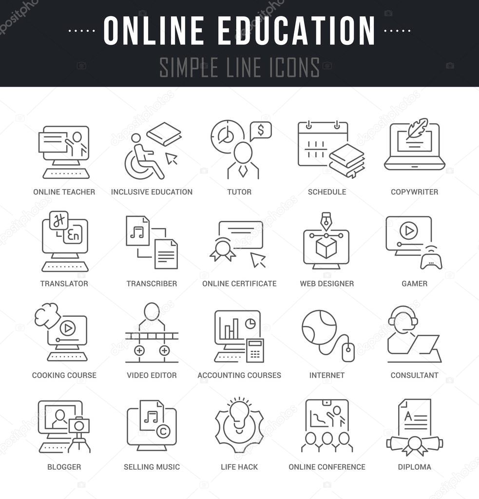 Set of linear icons of online education with names. Freelance and blended learning. 