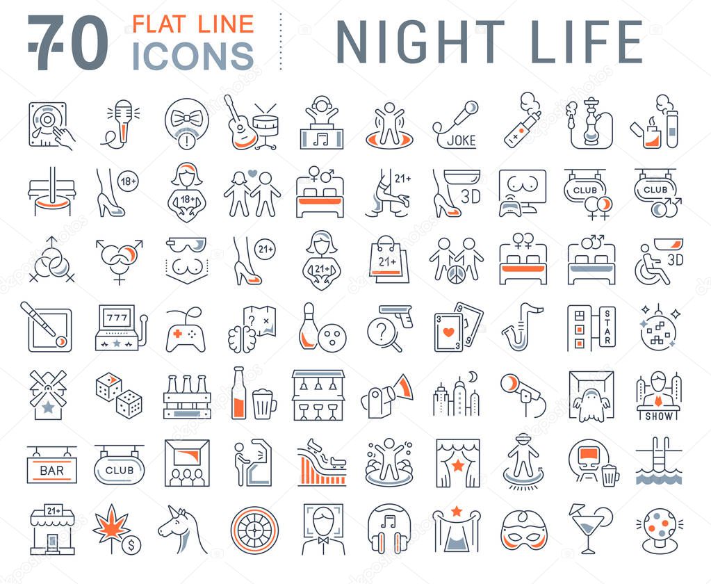 Set of vector line icons of night life for modern concepts, web and apps. Sex communities, attractions, shows, bars, pubs, parties, smoking, dancing, quests, carnivals, computer clubs, music concerts.