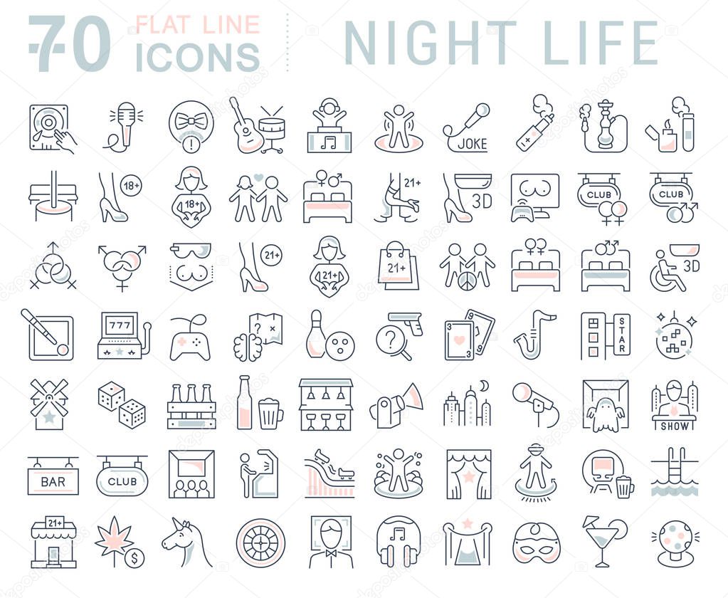 Set of vector line icons of night life for modern concepts, web and apps. Sex communities, attractions, shows, bars, pubs, parties, smoking, dancing, quests, carnivals, computer clubs, music concerts.
