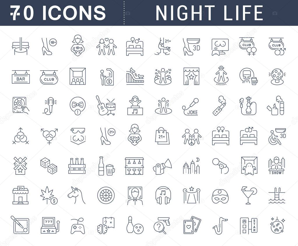 Set of vector line icons of night life for modern concepts, web and apps. Sex communities, attractions, shows, bars, pubs, parties, smoking, dancing, quests, carnivals, computer clubs, music concerts.