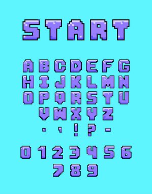 Piksel sanat stil alfabesi ile başlangıç yazıt. Harfler, sayılar ve noktalama işaretleri retro tarzı. Bilgisayar oyunları ve çizgi film için yazı tipi. 