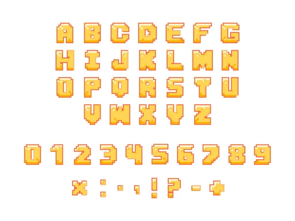 Цветной Аркадный Шрифт Пиксельные Буквы Цифры Знаки Препинания Смешной Игровой — стоковый вектор
