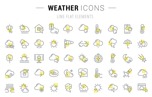 stock vector Set of vector line icons and signs with yellow squares of weather for excellent concepts. Collection of infographics logos and pictograms.