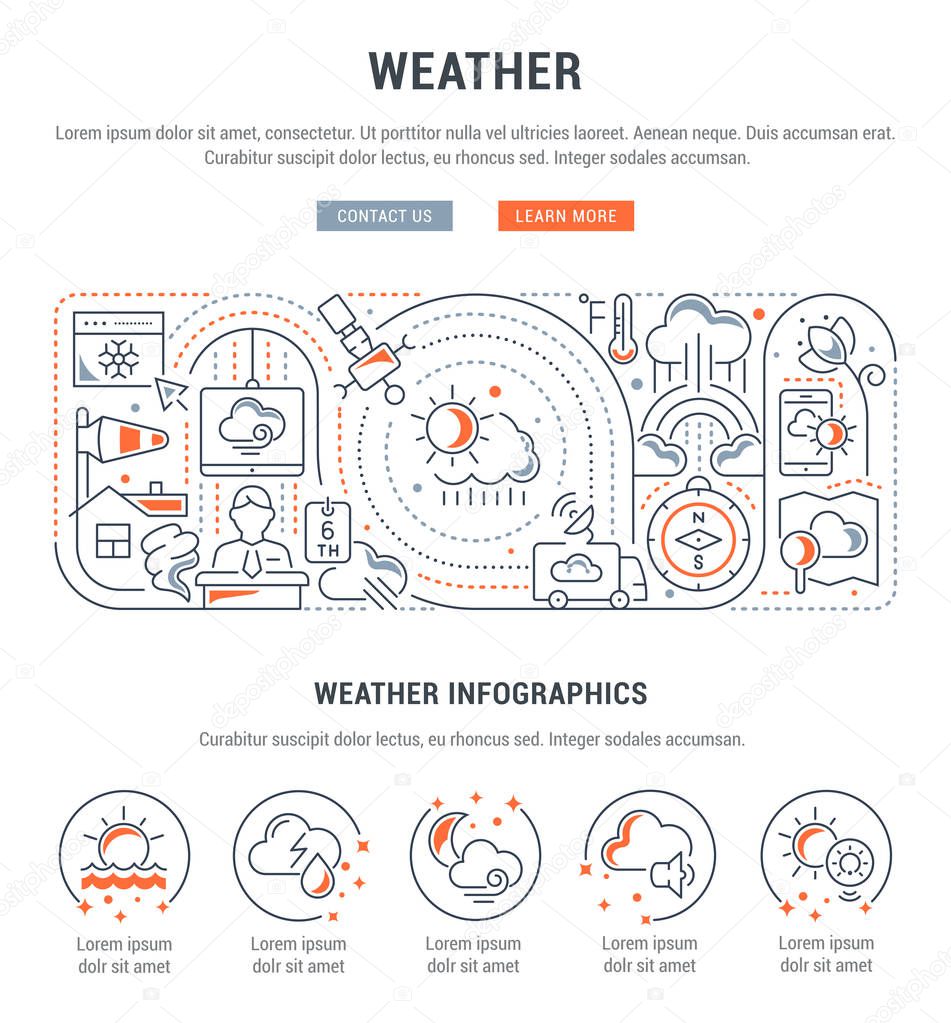Linear banner of weather. Vector illustration of climate conditions.