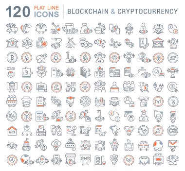 Blockchain ve kripto para biriminin vektör çizgi simgelerini ayarlama.