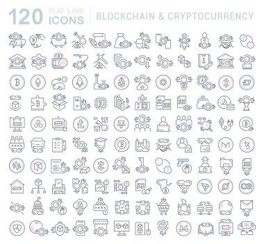 Blockchain ve kripto para biriminin vektör çizgi simgelerini ayarlama.