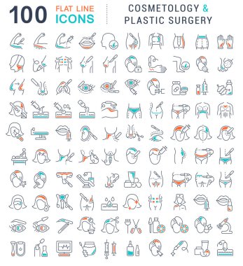 Kozmetoloji ve plastik cerrahi vektör çizgi simgeleri ayarlayın.