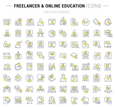 Freelancer ve online eğitim vektör çizgi simgeleri ayarlayın.