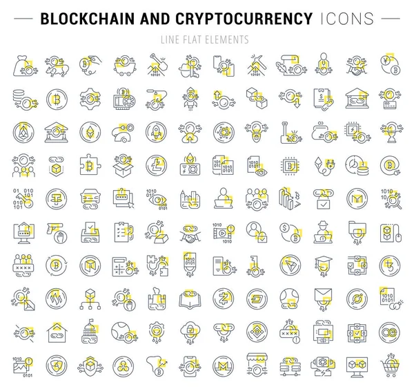 Blockchain ve kripto para biriminin vektör çizgi simgelerini ayarlama.