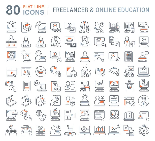 Set Vector Line Icons of Freelancer and Online Education. — Stock Vector