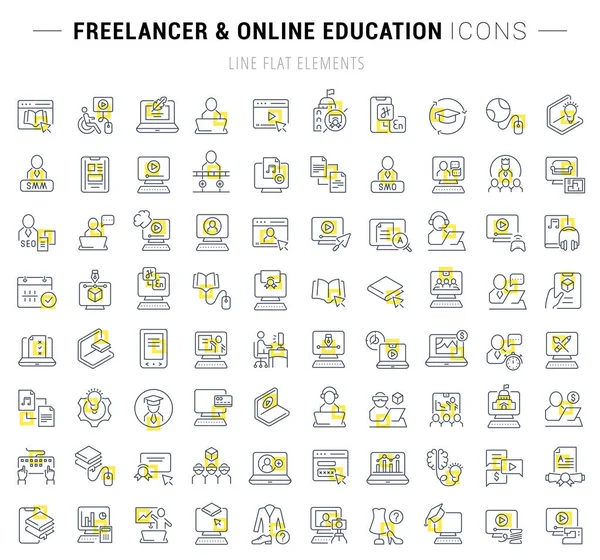 Establecer iconos de línea vectorial de freelancer y educación en línea . — Archivo Imágenes Vectoriales