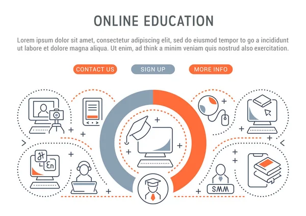 Vektör Illustration online eğitim doğrusal simgeler ile. — Stok Vektör