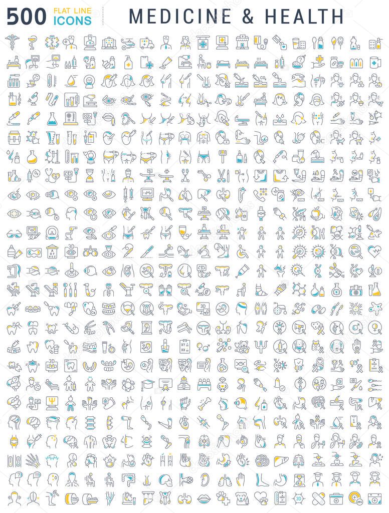 Collection of vector line icons of medicine and health. Surgery, dentistry, invitro, aids, cancer, check up, orthodontics, biology, vet, clinic, education. Set of flat signs and symbols for web and apps.