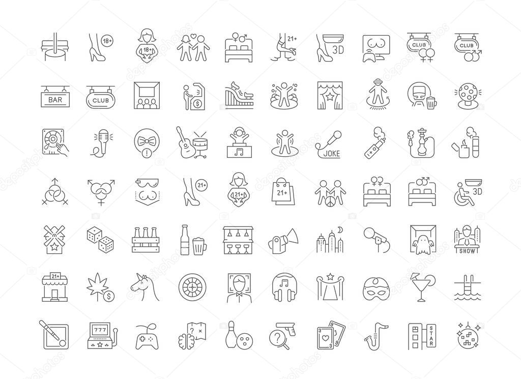 Set of vector line icons of night life for modern concepts, web and apps. Sex communities, attractions, shows, bars, pubs, parties, smoking, dancing, quests, carnivals, computer clubs, music concerts.
