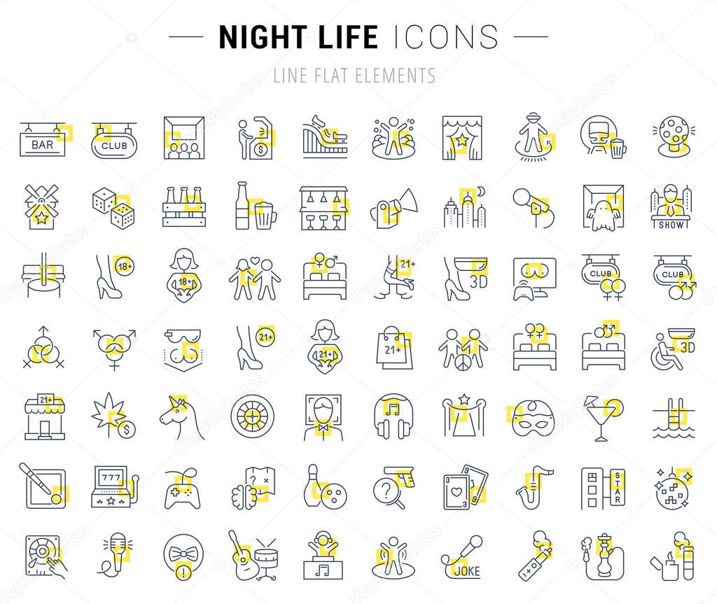 Set of vector line icons and signs with yellow squares of night life for excellent concepts. Collection of infographics logos and pictograms.
