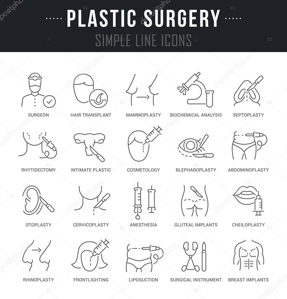 Set of linear icons of plastic surgery with names.