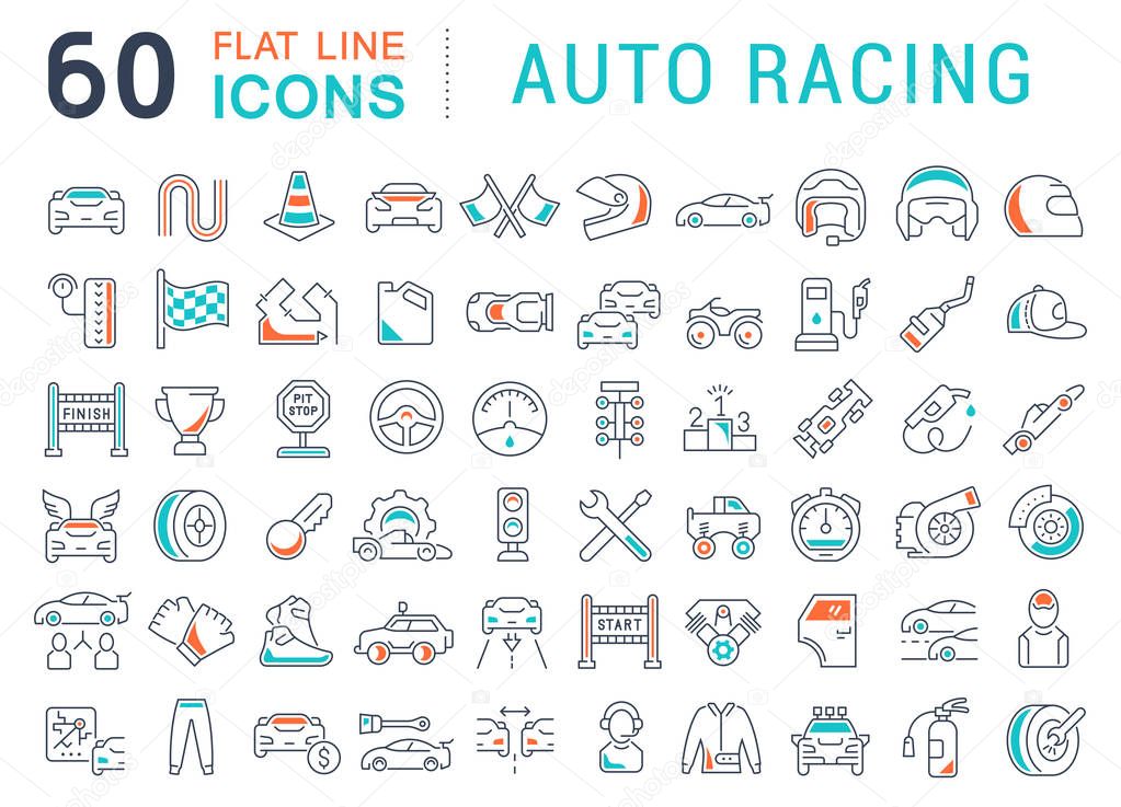 Set of vector line icons of auto racing for modern concepts, web and apps.