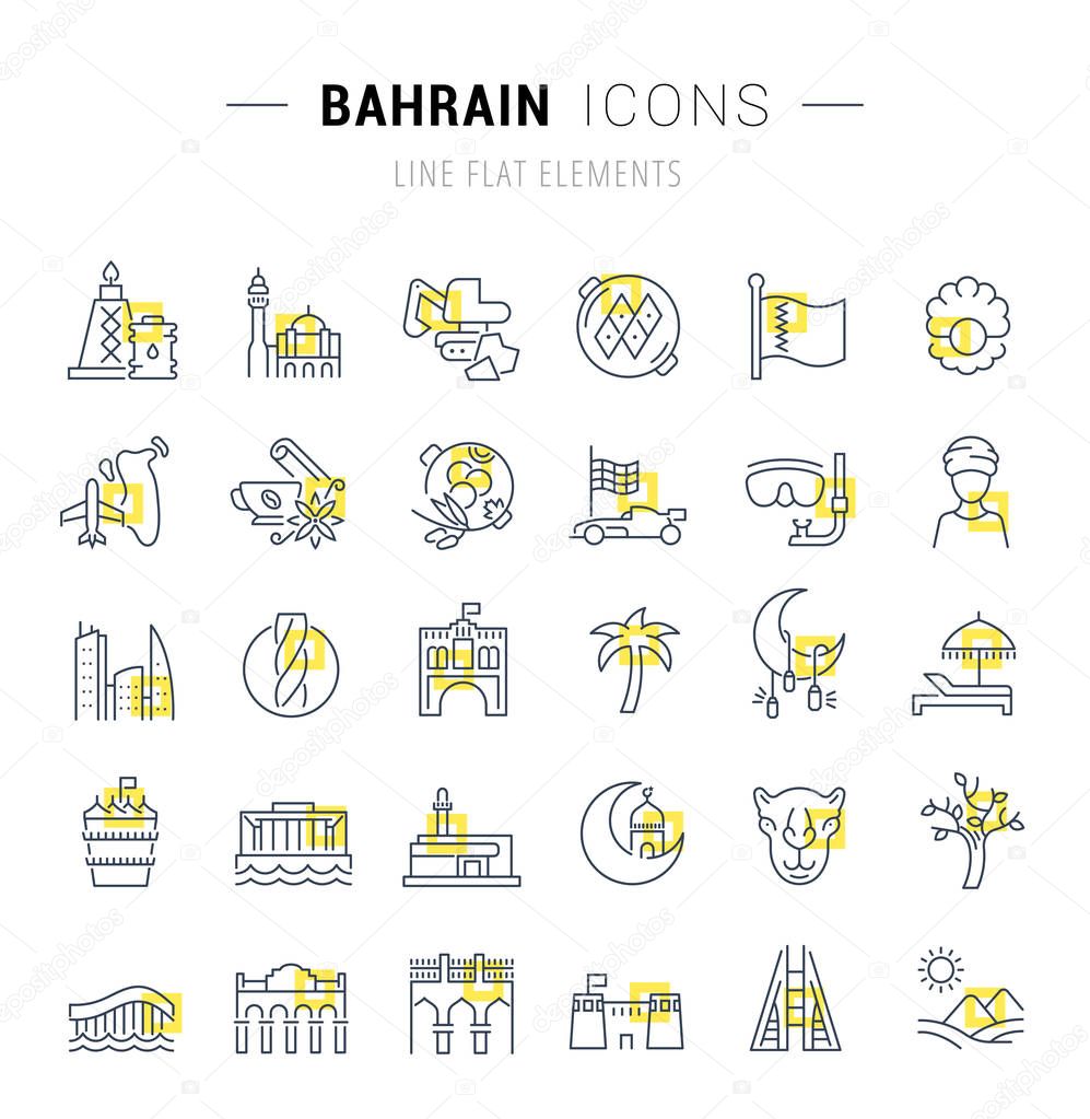 Set of vector line icons and signs with yellow squares of Bahrain for excellent concepts. Collection of infographics logos and pictograms.