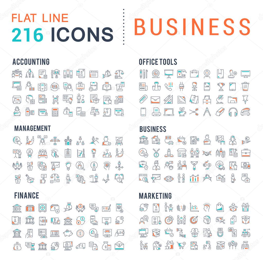 Collection of vector line icons of business. Finance, management, accounting, marketing, bank, office. Set of flat signs and symbols for web and apps.