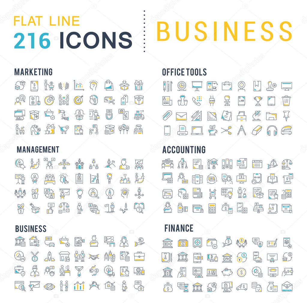 Collection of vector line icons of business. Finance, management, accounting, marketing, bank, office. Set of flat signs and symbols for web and apps.