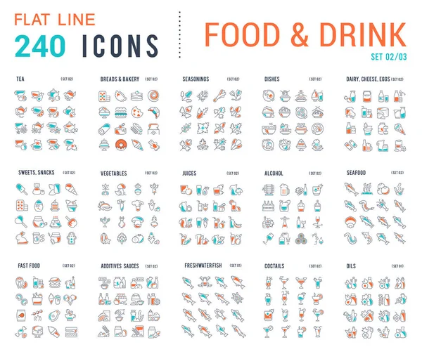 Sammlung linearer Symbole von Speisen und Getränken. — Stockvektor