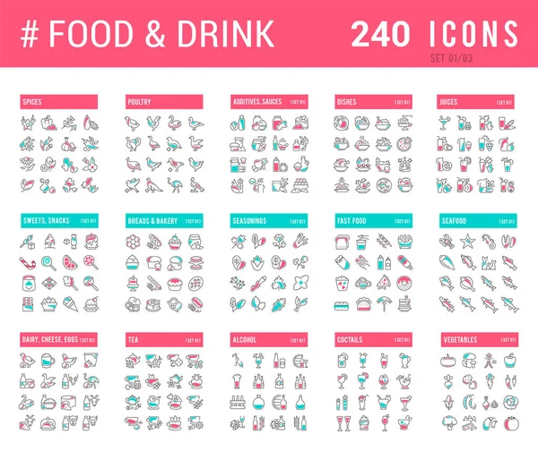 Sammlung linearer Symbole von Speisen und Getränken. — Stockvektor