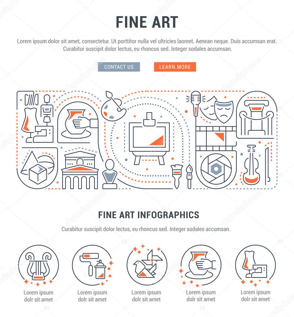 Linear banner of the fine art. Vector linear icons for web sites and applications.
