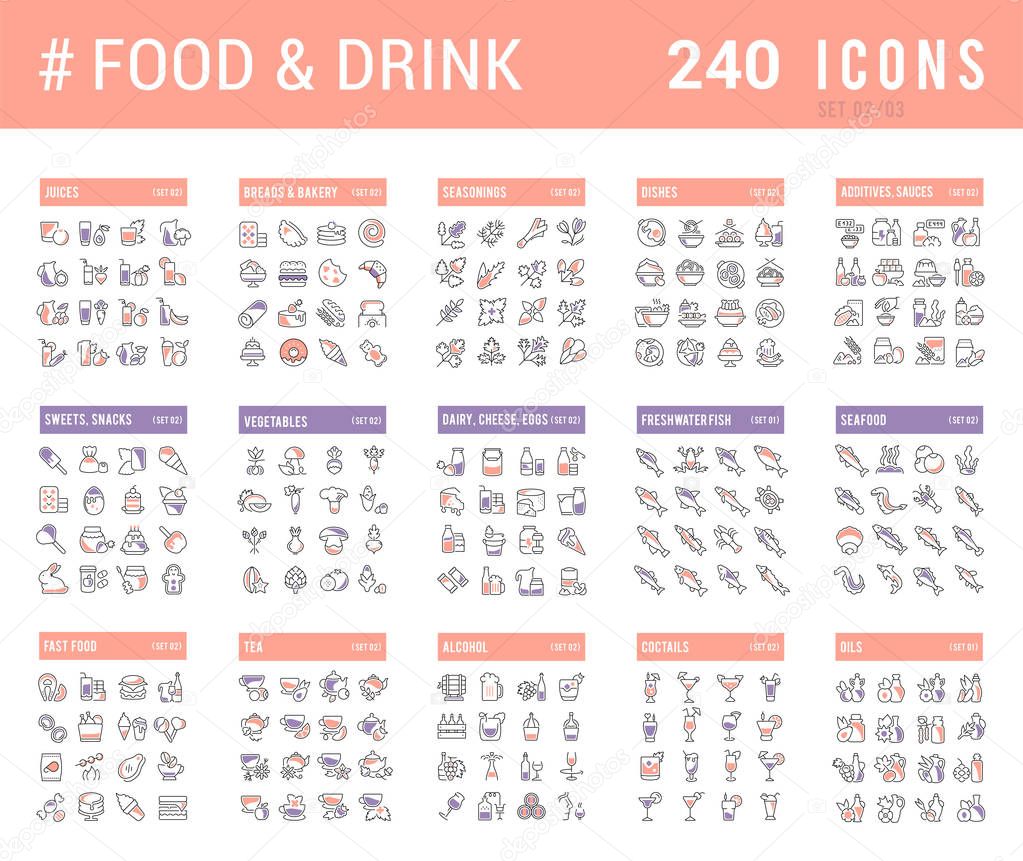 Big collection of linear icons. Set of food & drinks. Sweets, meat, dairy, bakery, cheese, eggs, dishes, fast food, vegetables, spices, seafood, tea, alcohol, fruits, herbs, coffee, leaf, and others.