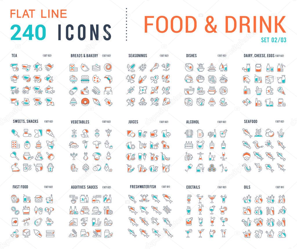 Big collection of linear icons. Set of food & drinks. Sweets, meat, dairy, bakery, cheese, eggs, dishes, fast food, vegetables, spices, seafood, tea, alcohol, fruits, herbs, coffee, leaf, and others.