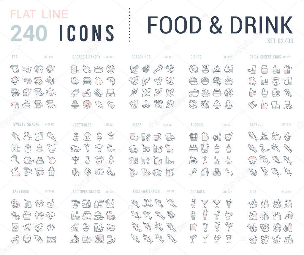Big collection of linear icons. Set of food & drinks. Sweets, meat, dairy, bakery, cheese, eggs, dishes, fast food, vegetables, spices, seafood, tea, alcohol, fruits, herbs, coffee, leaf, and others.