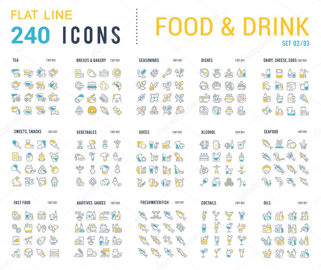 Big collection of linear icons. Set of food & drinks. Sweets, meat, dairy, bakery, cheese, eggs, dishes, fast food, vegetables, spices, seafood, tea, alcohol, fruits, herbs, coffee, leaf, and others.
