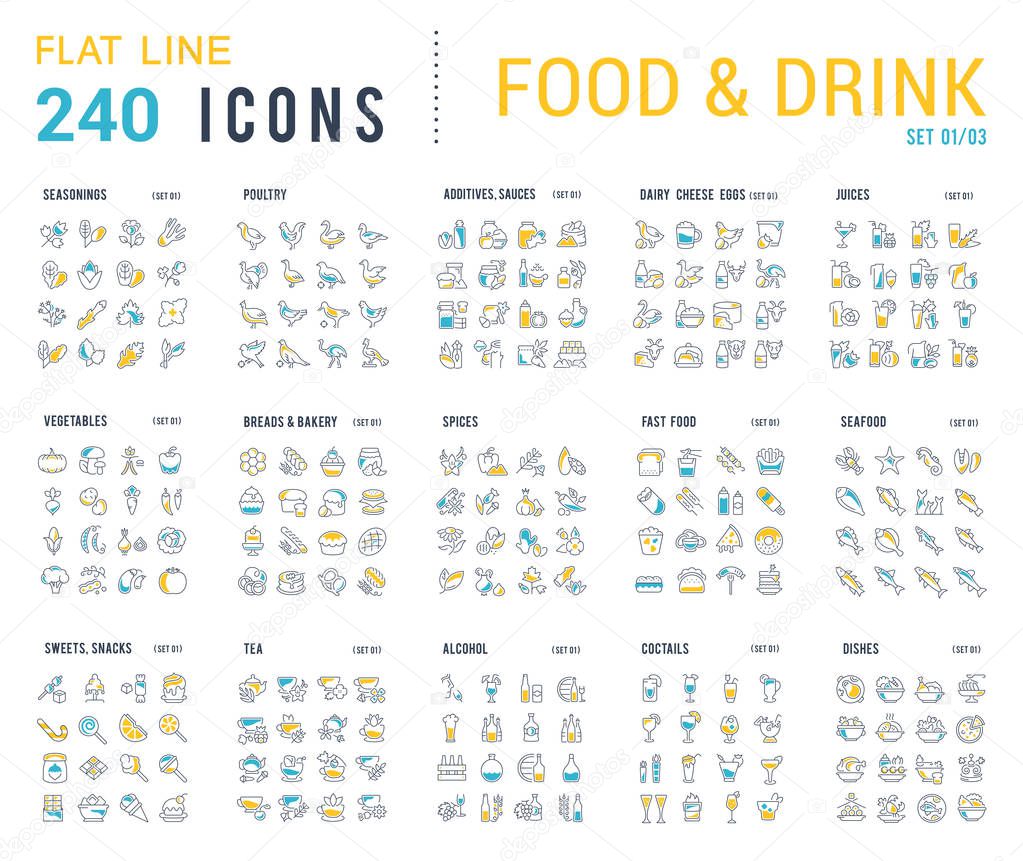 Big collection of linear icons. Set of food & drinks. Sweets, meat, dairy, bakery, cheese, eggs, dishes, fast food, vegetables, spices, seafood, tea, alcohol, fruits, herbs, coffee, leaf, and others.