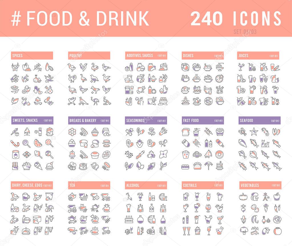 Big collection of linear icons. Set of food & drinks. Sweets, meat, dairy, bakery, cheese, eggs, dishes, fast food, vegetables, spices, seafood, tea, alcohol, fruits, herbs, coffee, leaf, and others.