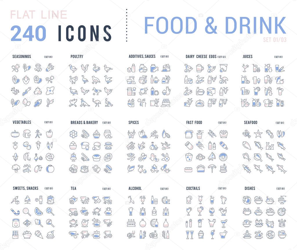 Big collection of linear icons. Set of food & drinks. Sweets, meat, dairy, bakery, cheese, eggs, dishes, fast food, vegetables, spices, seafood, tea, alcohol, fruits, herbs, coffee, leaf, and others.