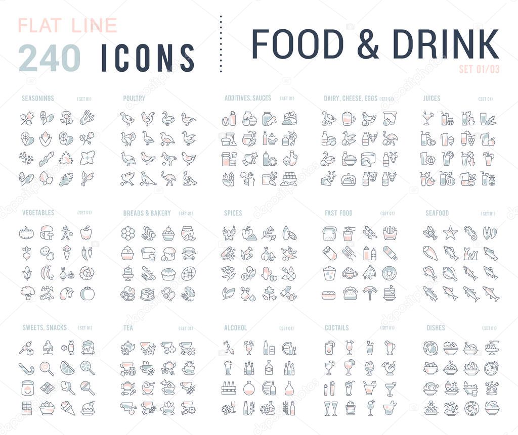 Big collection of linear icons. Set of food & drinks. Sweets, meat, dairy, bakery, cheese, eggs, dishes, fast food, vegetables, spices, seafood, tea, alcohol, fruits, herbs, coffee, leaf, and others.