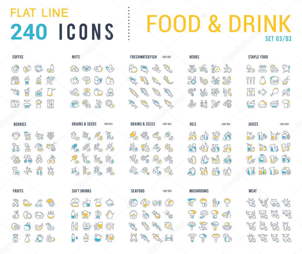 Big collection of linear icons. Set of food & drinks. Sweets, meat, dairy, bakery, cheese, eggs, dishes, fast food, vegetables, spices, seafood, tea, alcohol, fruits, herbs, coffee, leaf, and others.