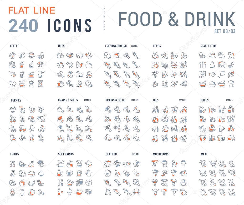 Big collection of linear icons. Set of food & drinks. Sweets, meat, dairy, bakery, cheese, eggs, dishes, fast food, vegetables, spices, seafood, tea, alcohol, fruits, herbs, coffee, leaf, and others.
