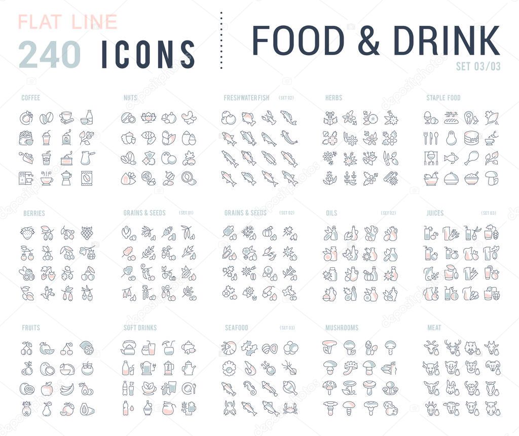 Big collection of linear icons. Set of food & drinks. Sweets, meat, dairy, bakery, cheese, eggs, dishes, fast food, vegetables, spices, seafood, tea, alcohol, fruits, herbs, coffee, leaf, and others.